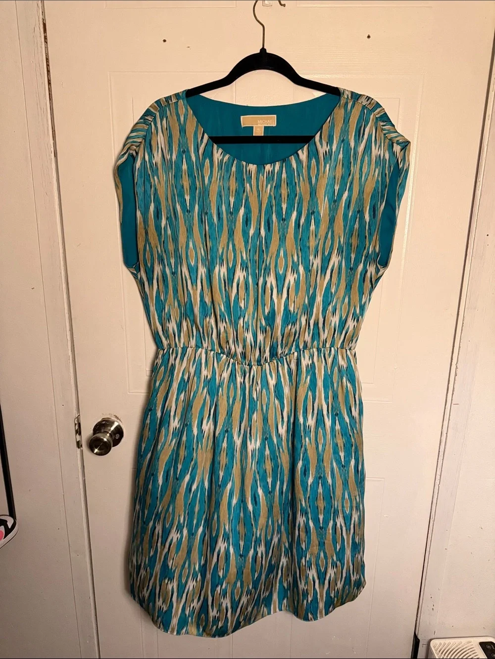 Michael Kors Teal and Tan Patterned Mini Dress